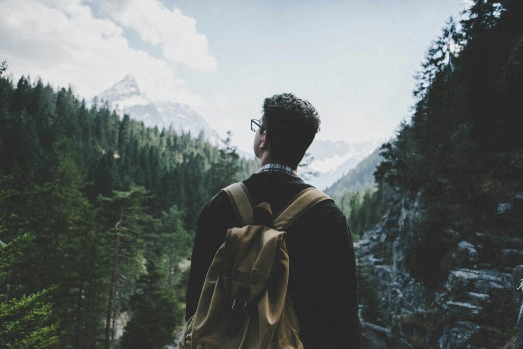Back view of a man with a backpack hiking through a lush alpine forest in Tirol, Austria.